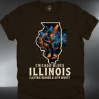 Illinois Chicago Blues  – Live Guitar Player City Skyline Tee (#196)