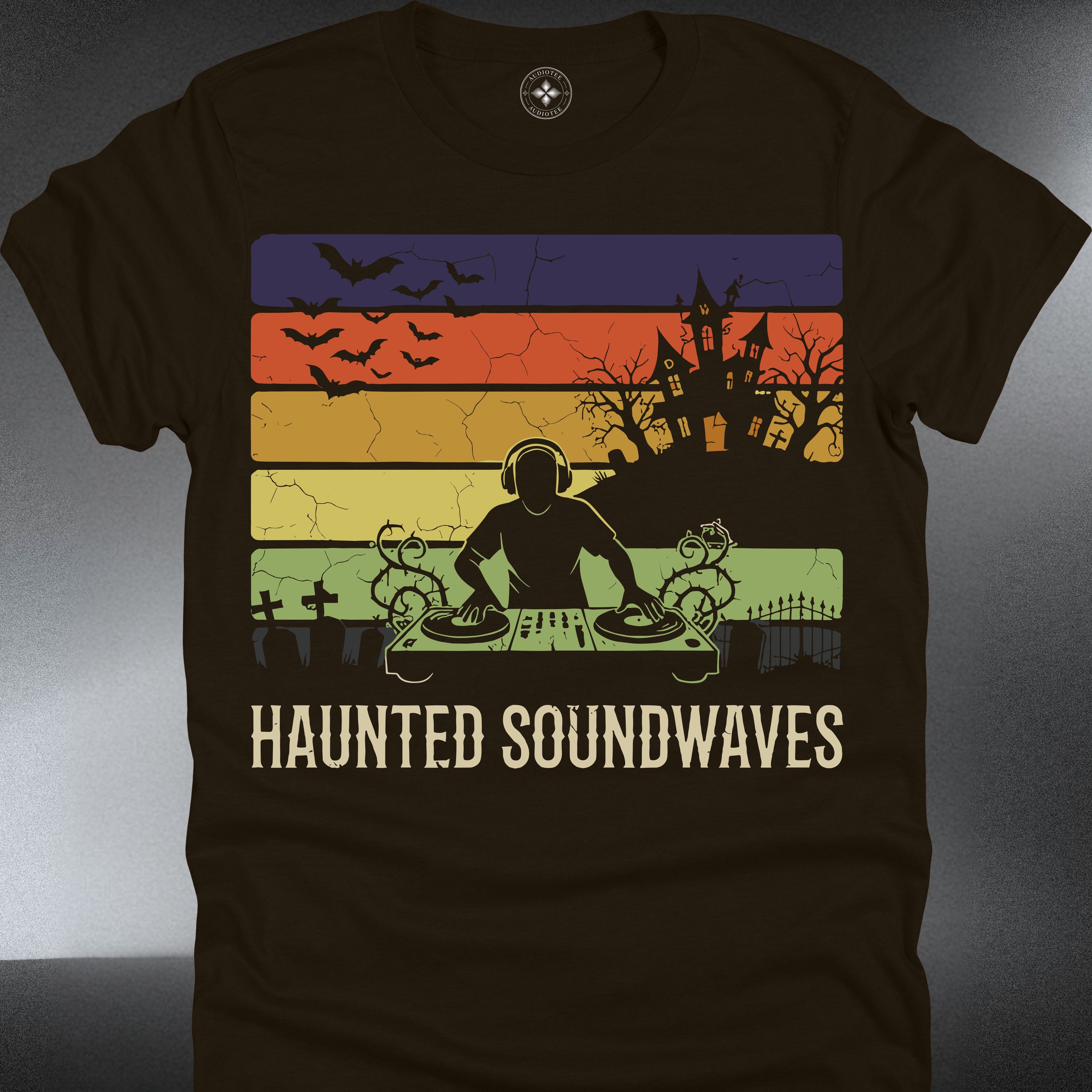 Haunted Soundwaves T-Shirt — Retro Halloween Haunted House Design (#228)