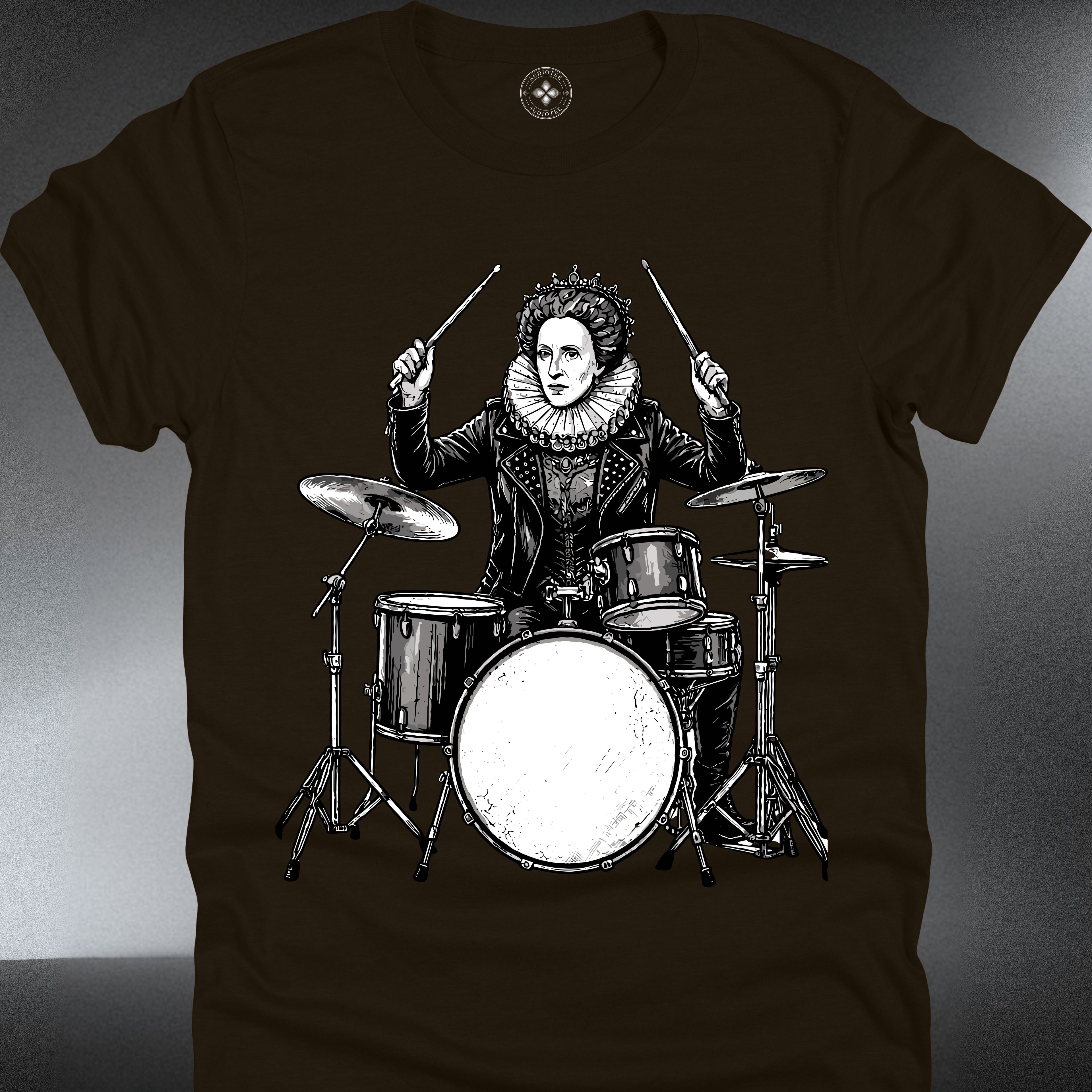 Drumming Queen — Elizabethan Portrait Playing Drums Vintage Graphic Tee  (#202)