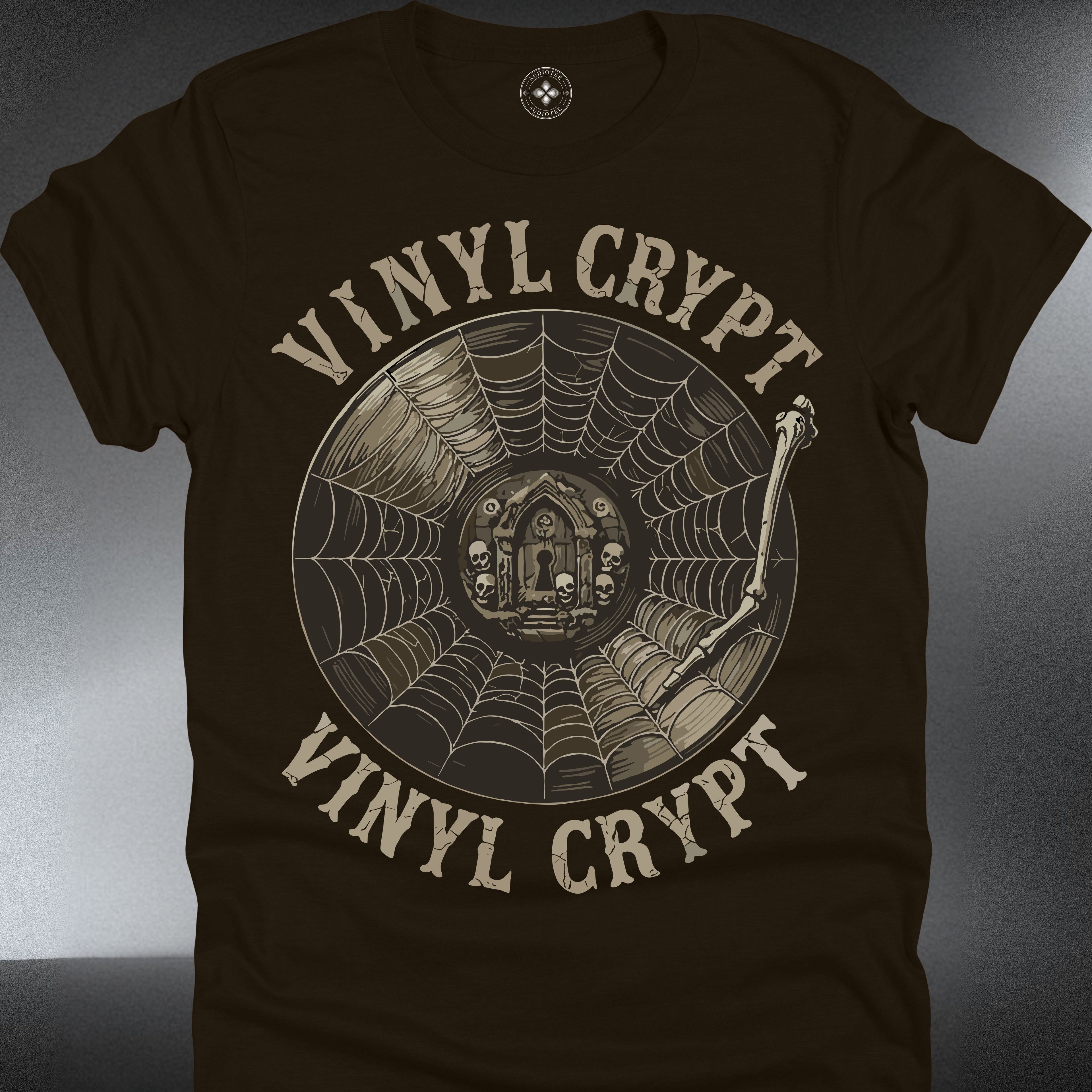 Vinyl Crypt — Vintage Gothic Spiderweb Record Tee (#211)