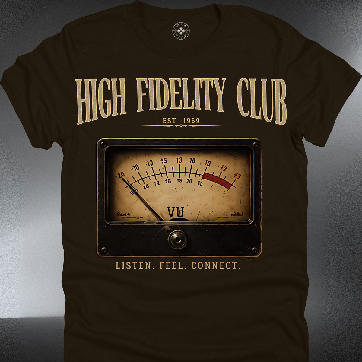 HFC— Vintage Audio VU Meter Tee ("Listen. Feel. Connect.") (#258)