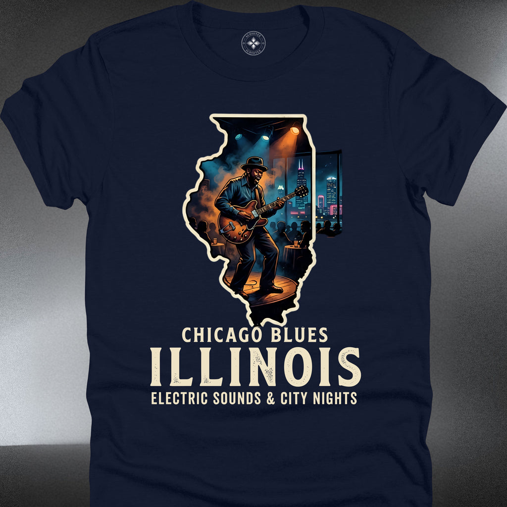 Illinois Chicago Blues  – Live Guitar Player City Skyline Tee (#196)