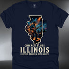 Illinois Chicago Blues  – Live Guitar Player City Skyline Tee (#196)