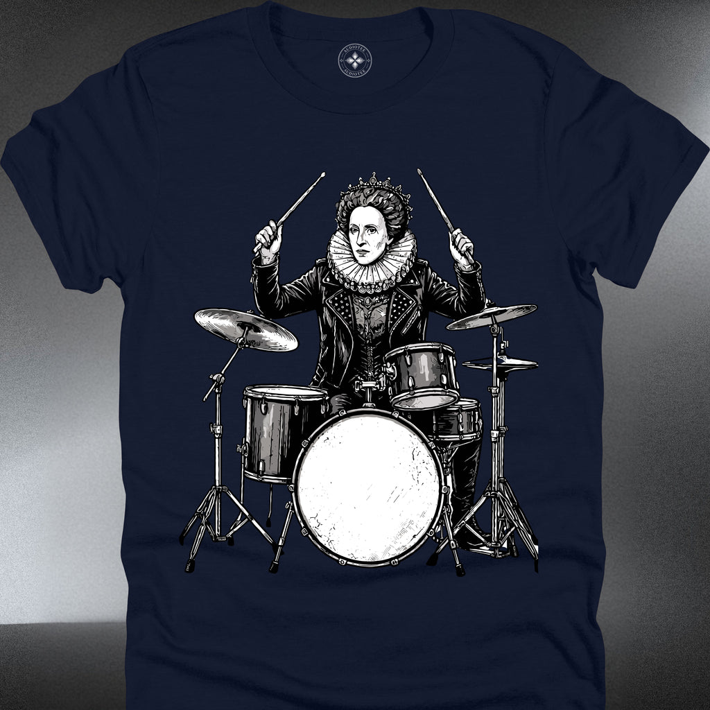 Drumming Queen — Elizabethan Portrait Playing Drums Vintage Graphic Tee  (#202)