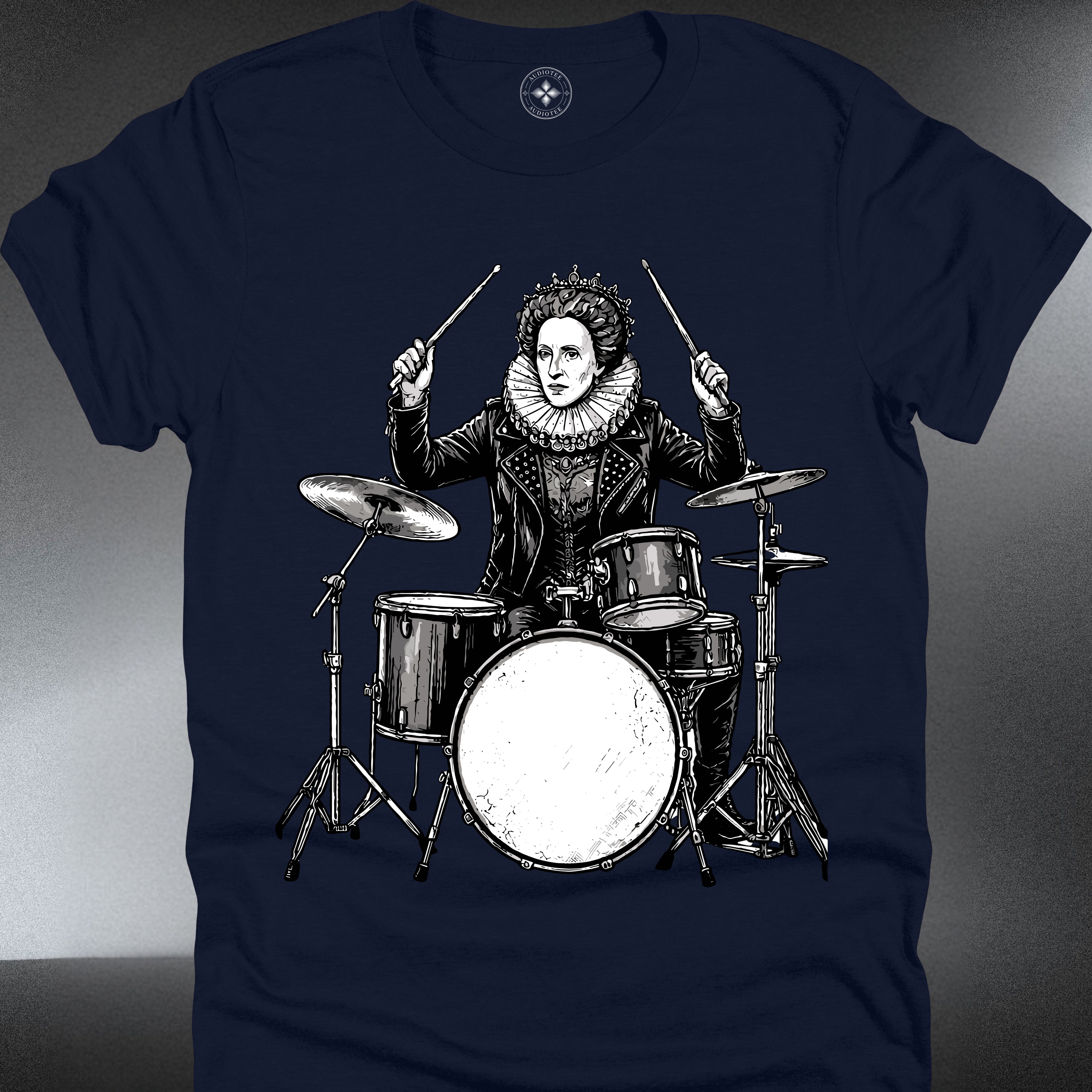 Drumming Queen — Elizabethan Portrait Playing Drums Vintage Graphic Tee  (#202)