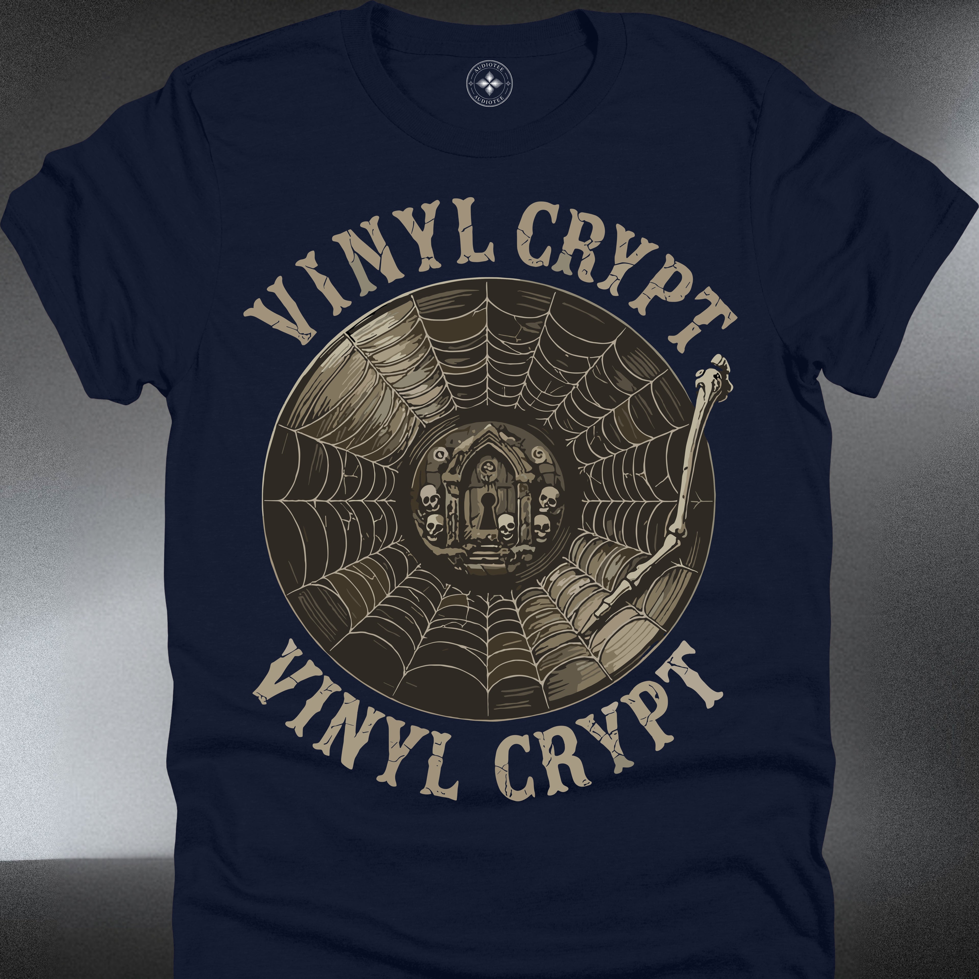 Vinyl Crypt — Vintage Gothic Spiderweb Record Tee (#211)