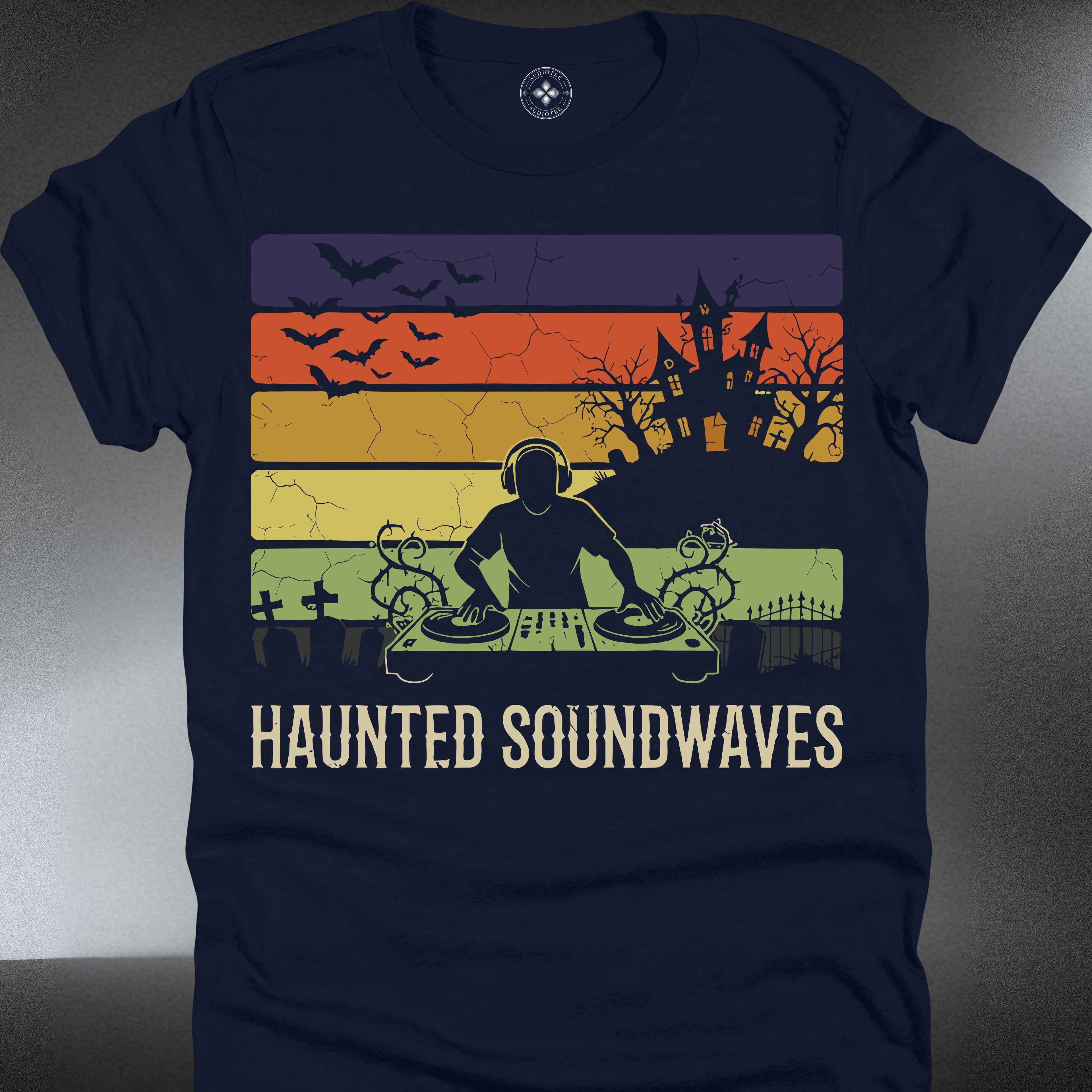 Haunted Soundwaves T-Shirt — Retro Halloween Haunted House Design (#228)