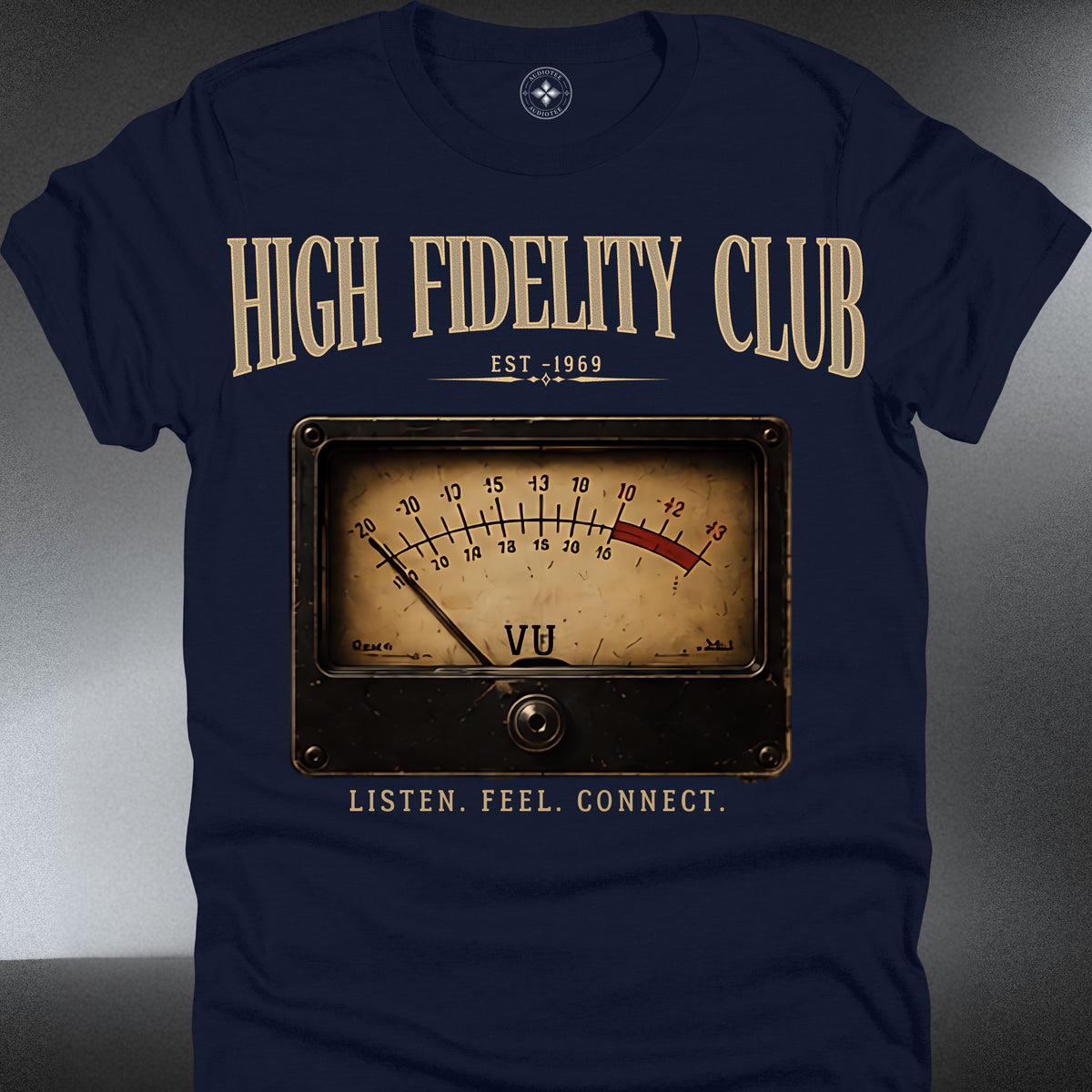 HFC— Vintage Audio VU Meter Tee ("Listen. Feel. Connect.") (#258)