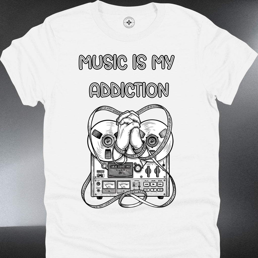 Music Is My Addiction — Retro Cassette & Headphones Graphic Tee (#193)