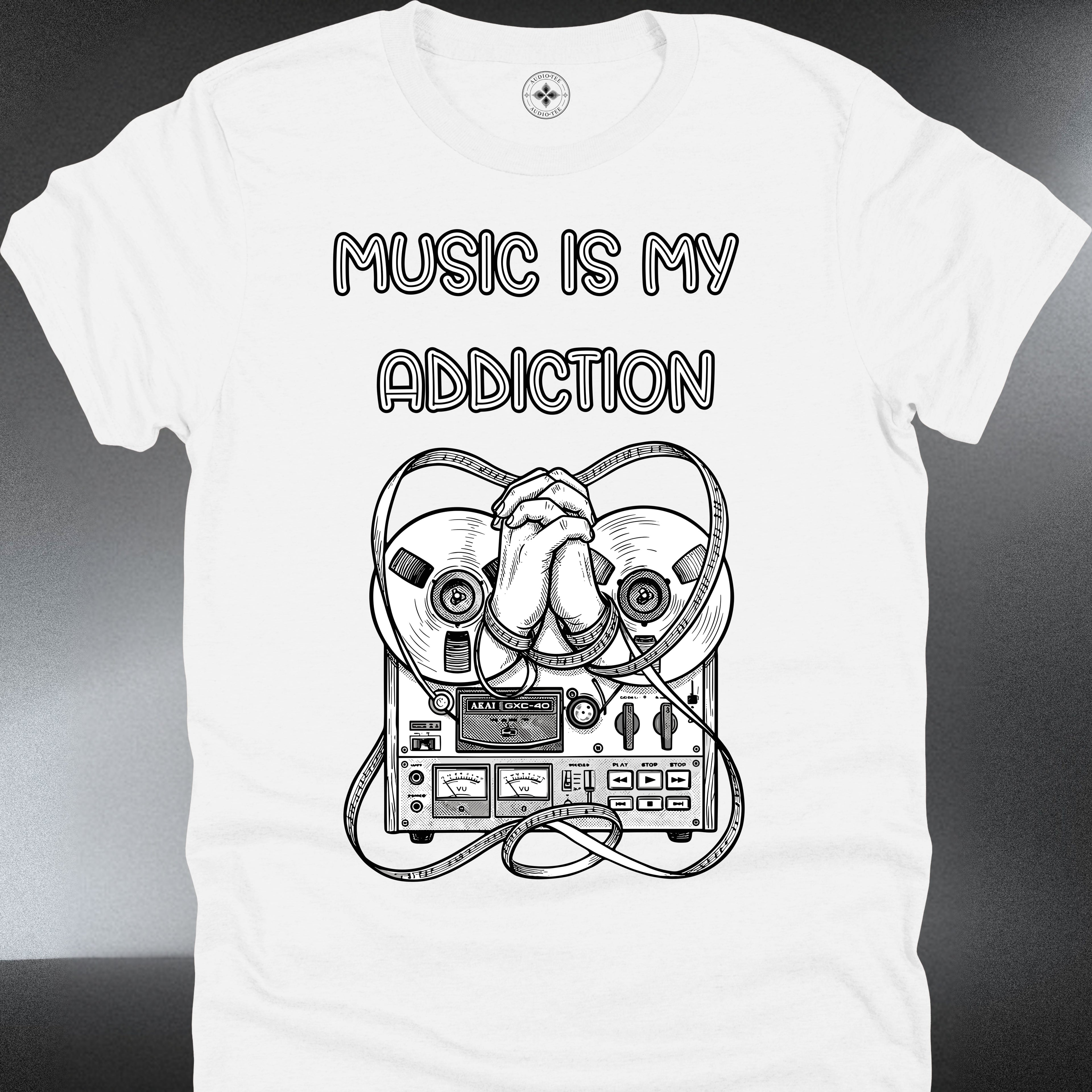 Music Is My Addiction — Retro Cassette & Headphones Graphic Tee (#193)