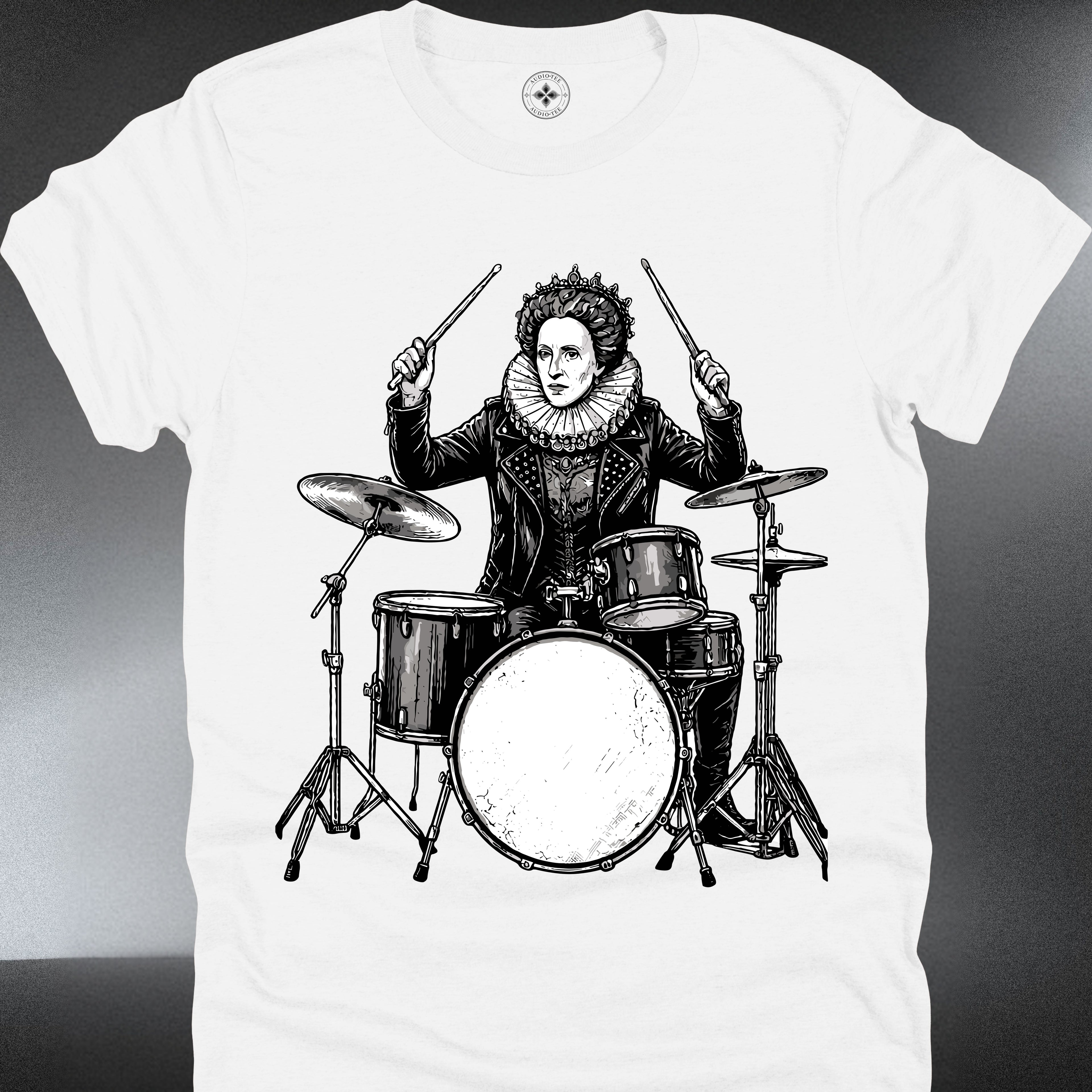 Drumming Queen — Elizabethan Portrait Playing Drums Vintage Graphic Tee  (#202)
